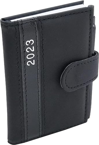 Pocket Calendar 2023 A7 with Ballpoint Pen and Holder in Leather Look, Diary 2023 with Pen Timer Including Yearly Calendar and Weekly Overview