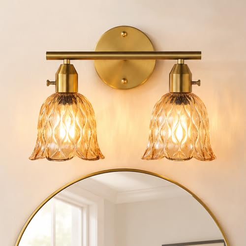 Image of 14.17 inch 2-Light Bathroom Light Fixtures, Gold Vintage Vanity Lights with Clear Amber Glass Shades, Bathroom Wall Lamp for Mirror Living Room Cabinet Bedroom Porch