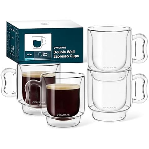 ovalware RJ3 Espresso Coffee Glass Cups 4oz/120ml (Set of 4) Double Walled w/Solid Butterfly Handle - Elegant Borosilicate Espresso Shot Mug - Stackable Insulated Transparent Demitasse Glass Cover