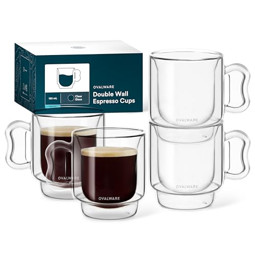 Comparison: Best Ovalware Coffee 7 ovalware RJ3 Espresso Coffee Glass Cups 4oz/120ml (Set of 4) Double Walled w/Solid Butterfly Handle - Elegant Borosilicate Espresso Shot Mug - Stackable Insulated Transparent Demitasse Glass