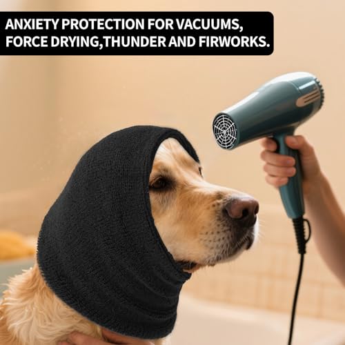 Image of Dog Calming Hoodie Cat Anxiety Relief Cover,Double Layer Thickened Pet Ears Protector Soft Elastic Neck Band Noise Cancelling Ear Muffs for Grooming,Force Drying,Bath,Fireworks (Black, Medium)