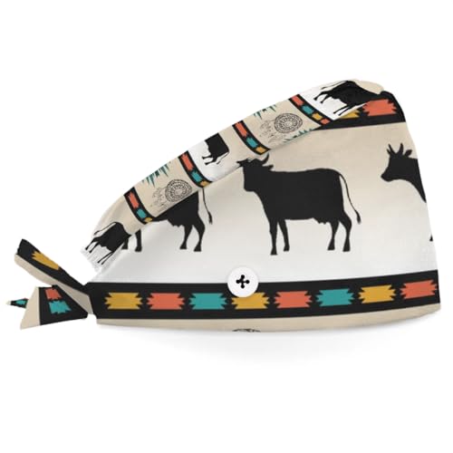 Mularoka Cow Dreamcatcher Triangle Silhouette Working Caps with Button Sweatband Comfortable Adjustable Bouffant Hats Work Hat for Women Men