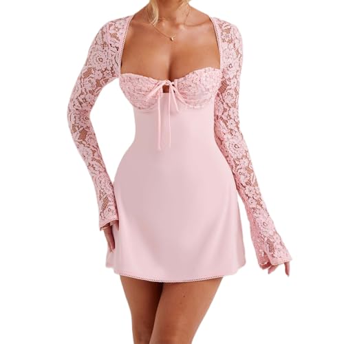Image of Women Lace Mini Dress Sexy Square Neck Lace Long Sleeves Backless Tie-Up A-Line Short Dresses Cocktail Bodycon Dress