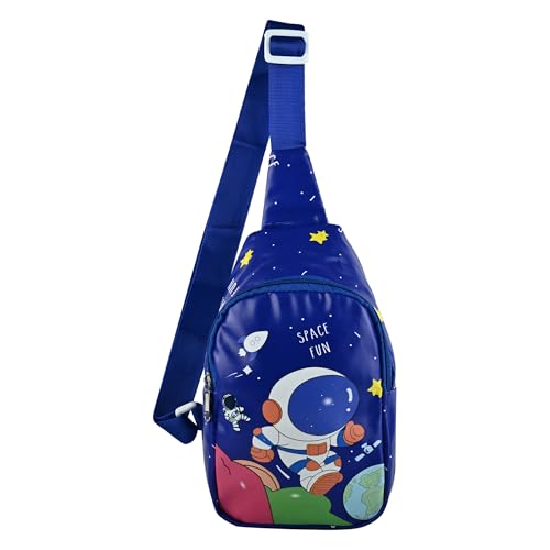 Image of Kids Space Theme Crossbody Chest Sling Bag, Navy Blue with Astronaut Print, Adjustable Strap, 17x13x6.5 cm, Perfect for School and Picnics