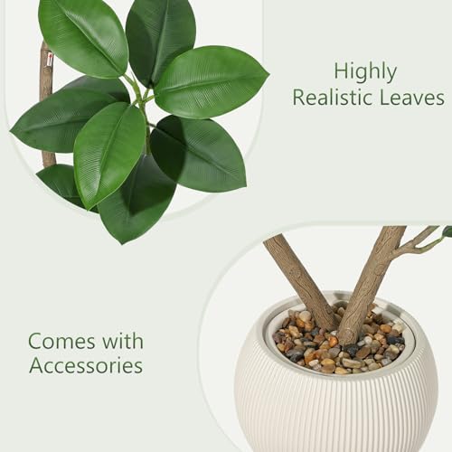 7FT Artificial Plant Rubber Tree with Off White Sphere Resin Planter & Stone Faux Fiddle Leaf Fig Tree Indoor Artificial Tree Tall Plant Fake Tree Tropical Large Floor Tree Real Touch for Home Decor
