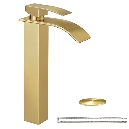 Hoimpro Brushed Gold Waterfall Bathroom Faucet with cUPC Supply Lines, Single Hole Single Handle Bathroom Sink Faucet with Pop up Drain, Vessel Faucet, Brushed Gold(1 or 3 Hole)