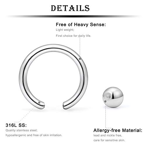 Kridzisw 16G Septum Nose Rings Eyebrow lip Rings Lobe Earrings Hoop 316L Surgical Steel Cartilage Helix Tragus Rook Daith Earrings Hoops Piercing Jewelry for Women Men 6mm 8mm 10mm 12mm 14mm 16mm2