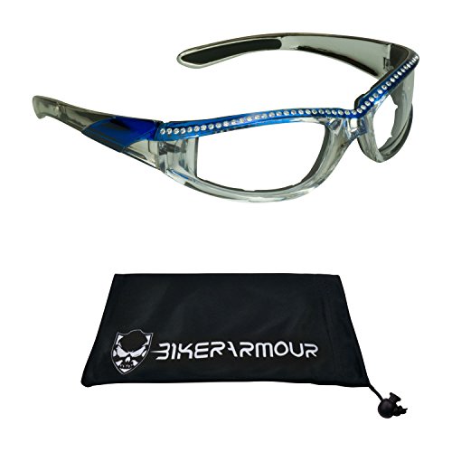 Bikershades Motorcycle Day Night Transitional Safety Photochromic Glasses Clear to Grey Women Chrome Blue Frame with Rhinestones