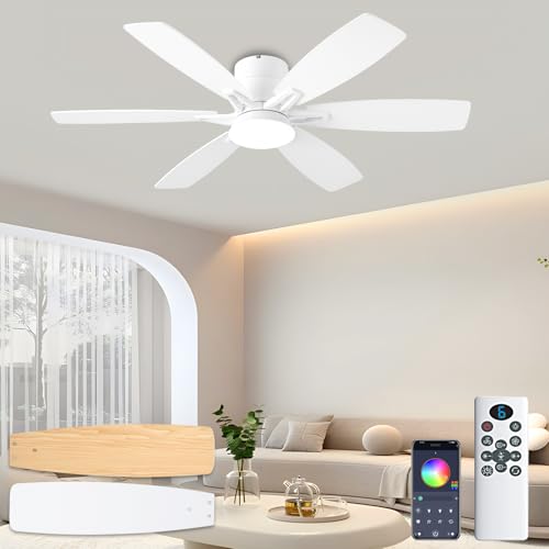 iacaf 52inch White Ceiling Fans with Lights and Remote/App Control, Low Profile Ceiling Fan with Light and 6 Double-Side blades, Flush Mount, LED/RGB Dimmable DC Reversible Modern Ceiling Fan for