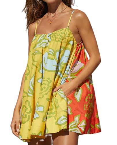 Image of Women Boho Floral Mini Cami Dress Spaghetti Strap Flowy Sling Dress Graphic Backless Summer Holiday Sundress