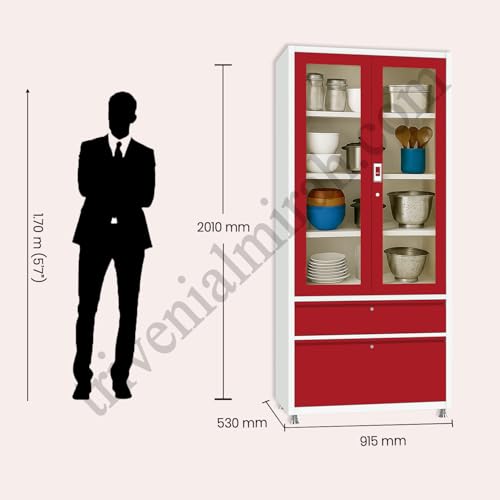Image of Triveni Almirah Annapurna-5 Steel Wardrobe for Kitchen & Home Use | 10 Year Guarantee on Paint & Locks | 2-Door Glass Almirah with 2 Drawers | Separate Locks for Doors & Drawers | Powder-Coated Finish