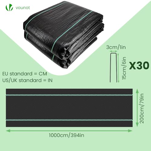 VOUNOT Unkrautfolie mit 30 Erdanker, 2mx10m, Anti-Unkrautgewebe Unterbodengewebe Bändchengewebe, Bodengewebe Wasserdurchlässig und Reißfestes, UV Stabil 100g/m²