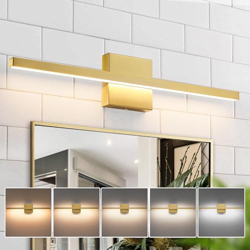 Image of Epinl Gold Bathroom Light Fixtures - 24 inch Brushed Gold Vanity Light for Bathroom Over Mirror Dimmable 5CCT LED Light Bar Modern Lighting Fixture for Bathrooms Bedroom Living Room
