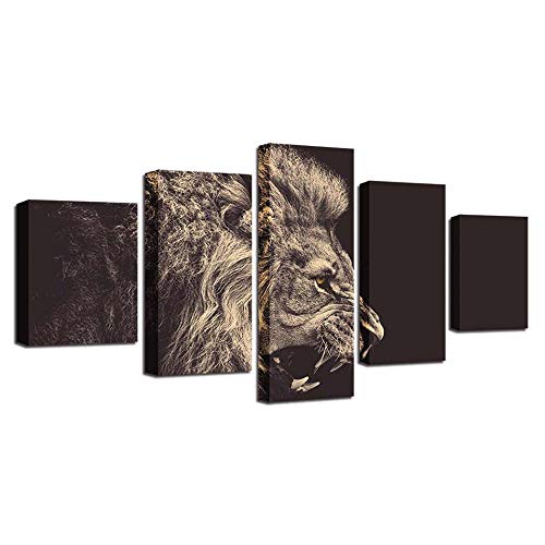 Tableau mural lion rugissant en colère en 5 pièces pour salon moderne
