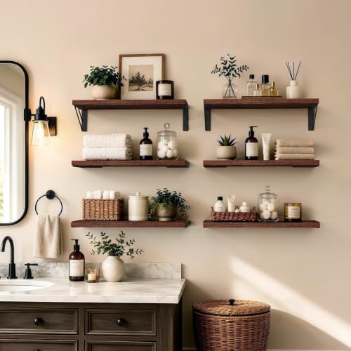 Image of BAYKA Wall Mounted Floating Bathroom Shelves, Rustic Brown, 6-Set,Same Size | Wood Wall Shelf for Bathroom Essentials & Decor, Space-Saving Display & Organizer