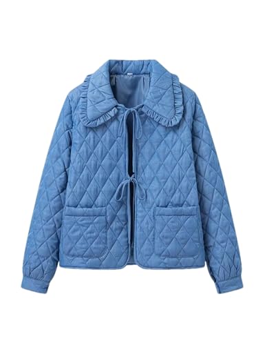 Women's Quilted Lightweight Jackets Long Sleeve Winter Cropped Cotton Padded Coat Jacket Bow Tie Puffy Outwear