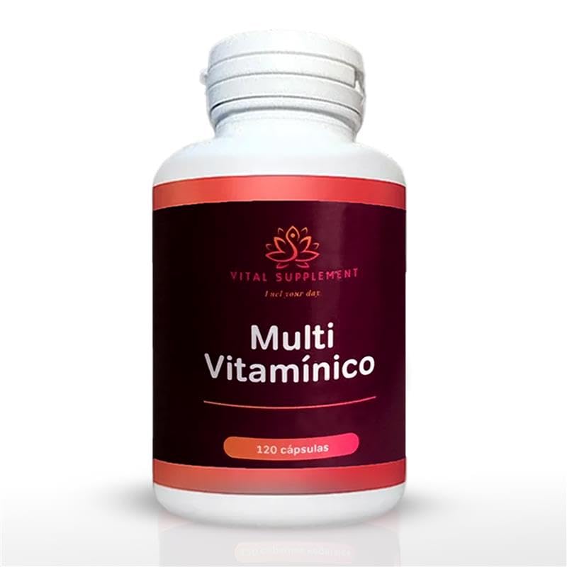 Multivitamínico VITAL SUPPLEMENT, con Vitamina C, Hierro, Zinc, Vit. D, Complejo B, Sin Gluten, 120 Capsulas, facil de tragar. Suplemento para 4 meses. Fabricado en España.