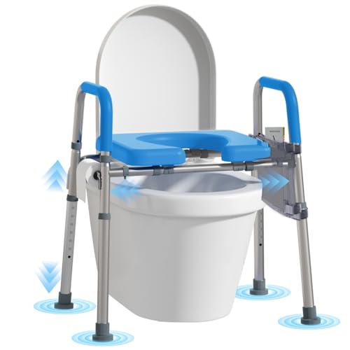 Image of WHLICKS 500lbs Toilet Seat Risers with Handles, Padded Raised Toilet Seat for Seniors, Adjustable Height Toilet Riser, Handicap Elevated Seat, Fit Any Toilet, Blue
