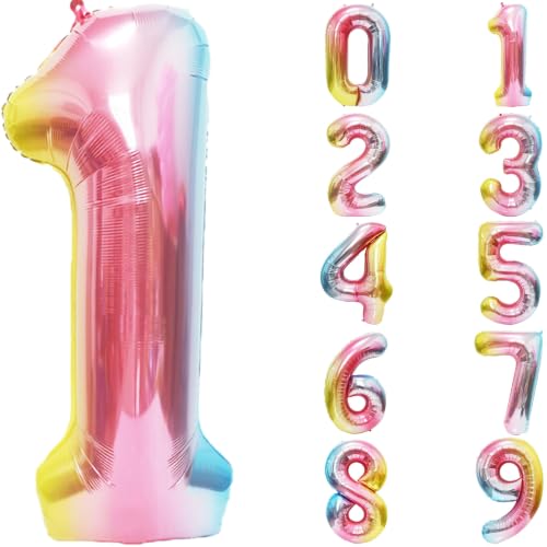 Image of Rainbow Number Balloons Birthday Balloons - Giant Number 1 Balloon 40 inch, Numbers Balloon Birthday Decorations, Rainbow Party Supplies for Baby Shower