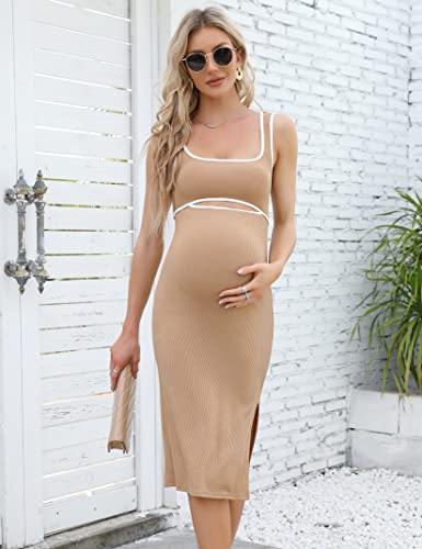 Funjuly Womens Maternity Cutout Tank Dress Summer Casual Sleeveless Side Slit Ribbed Bodycon Party Midi Dress For Baby Shower Khaki M #TOP3