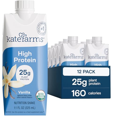 Image of KATE FARMS Organic High Protein Vanilla Nutrition Shake, 25g Protein, 6g Fiber, 27 Vitamins and Minerals, 0g Sugar, Protein Drink, 11 oz (12 Pack)