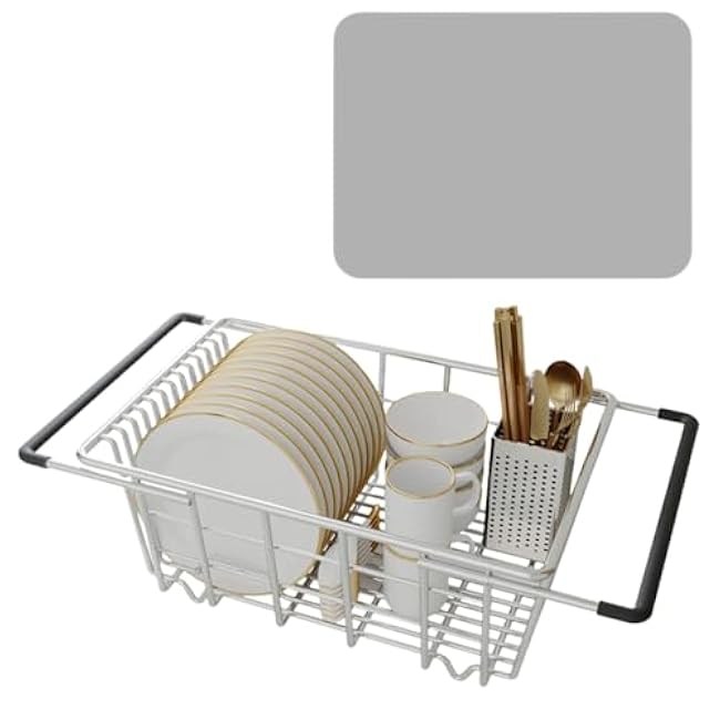 Sink Dish Drying Racks, Expandable Dish Dryer Racks Stainless Steel Dish Drainers for Sink, Inside Sink Dish Drying Rack for Dishes and Utensils(with Draining Mat, 11.81W x 12.6L-17.7L x 5.9H)