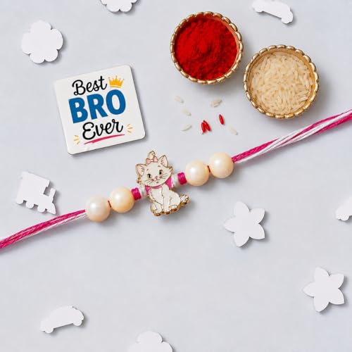 Image of eCraftIndia Pink and White Marie Cute Cat with Beads Designer Pet Rakhi for Kids & Brother with Roli Chawal Pack | Cartoon Theme Raksha Bandhan Rakhi Gift Set