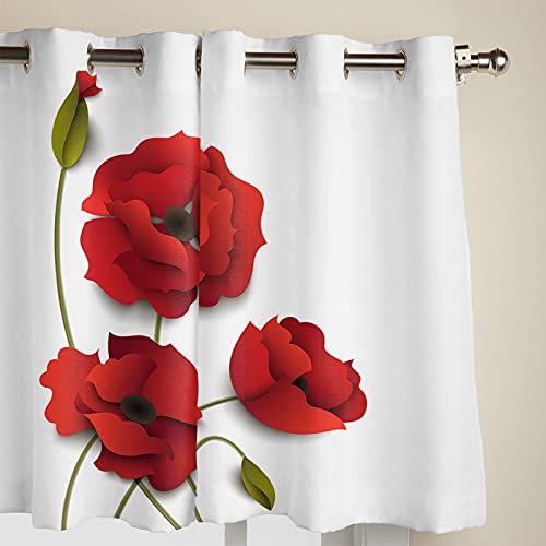 Window Treatment Sheer Curtains Art Red Poppy Flower,2 Panels Kitchen Tier Grommet Draperies & Curtains 39 Inch Length For Living Room/Bedroom/Patio/Sliding Glass Door #TOP2