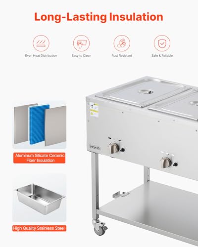 Image of VEVOR 4-Pan Commercial Propane Steam Table, LP Gas Outdoor Soup Warmer with Drain Valve and 3 inch Wheels, Stainless Steel Propane Food Warmer with Independent Temp Control, for Restaurant Outdoor Camping