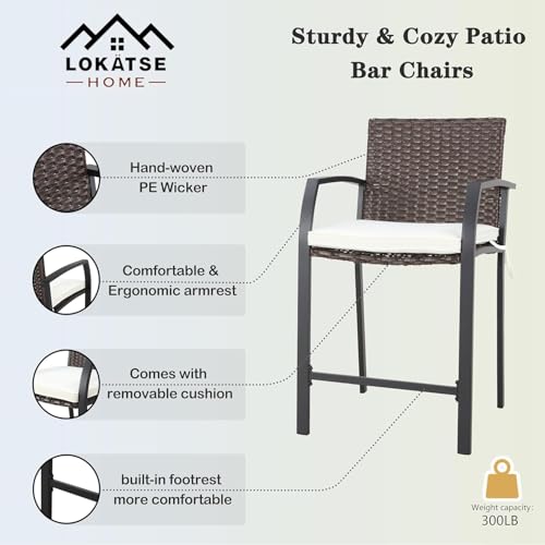Image of LOKATSE HOME Bar Stools Counter Height Chair Set of 4 Wicker Decoracted Patio Furniture with Armrest for Garden Pool Lawn Backyard