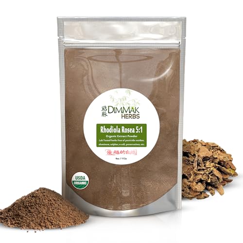Dimmak Herbs Organic Rhodiola Rosea Extract 5:1 Powder (High Potency Adaptogen)- TCM Doctor Formulated 100% Golden Root for Energy, Focus & Cortisol Support- Non-GMO, Extra Strength Concentrate (4oz)