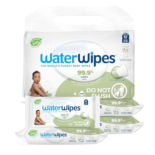 Image of WaterWipes Plastic-Free Textured Clean, Toddler & Baby Wipes, 99.9% Water Based Wipes, Unscented & Hypoallergenic for Sensitive Skin, 60 Count (Pack of 4), Packaging May Vary