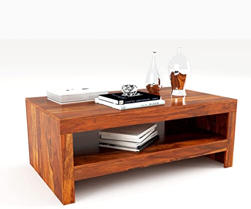 Image of Jangid Handicraft Sheesham Wood Rectangle Center Coffee Table for Living Room | Solid Wood Sofa Centre Table with Open Shelf Storage for Home & Office | Tepoy Tea Table for Hall | Teak Finish
