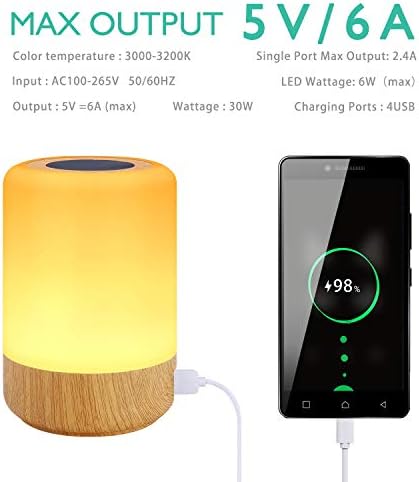 Taipow Bedside Table Lamp with 4 USB Charging Port, 3 Light Modes & 7 Colors, Brightness Adjustable Desk Lamp for Reading Working Sleeping, Touch Night Light Lamps for Bedrooms, Office - Wood Color