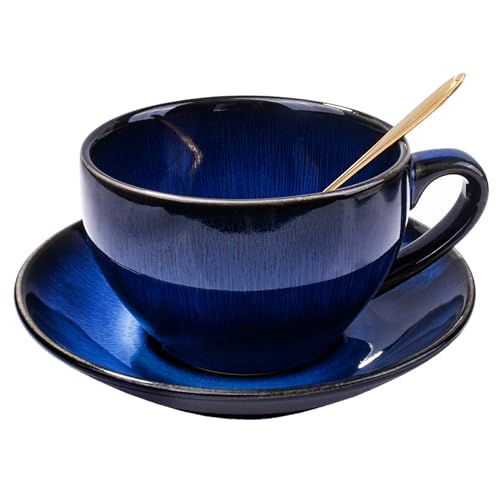 BOSILI 10 oz Ceramic Latte Art Cappuccino Barista Cup with Saucer and Spoon, Blue Porcelain TeaCups and Saucers Plates and Spoon, Drinking Cups for Breakfasts, Tea Parties, Afternoon Teas (Blus)
