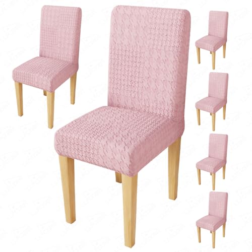 Image of Lukzer Elastic Dining Chair Cover - 6PC Pastel Pink Square Knit | Textured High Stretch Jacquard Seat Cover | Removable Washable Short Dining Chair Cover Protector Seat Slipcover | (CC-175-06)