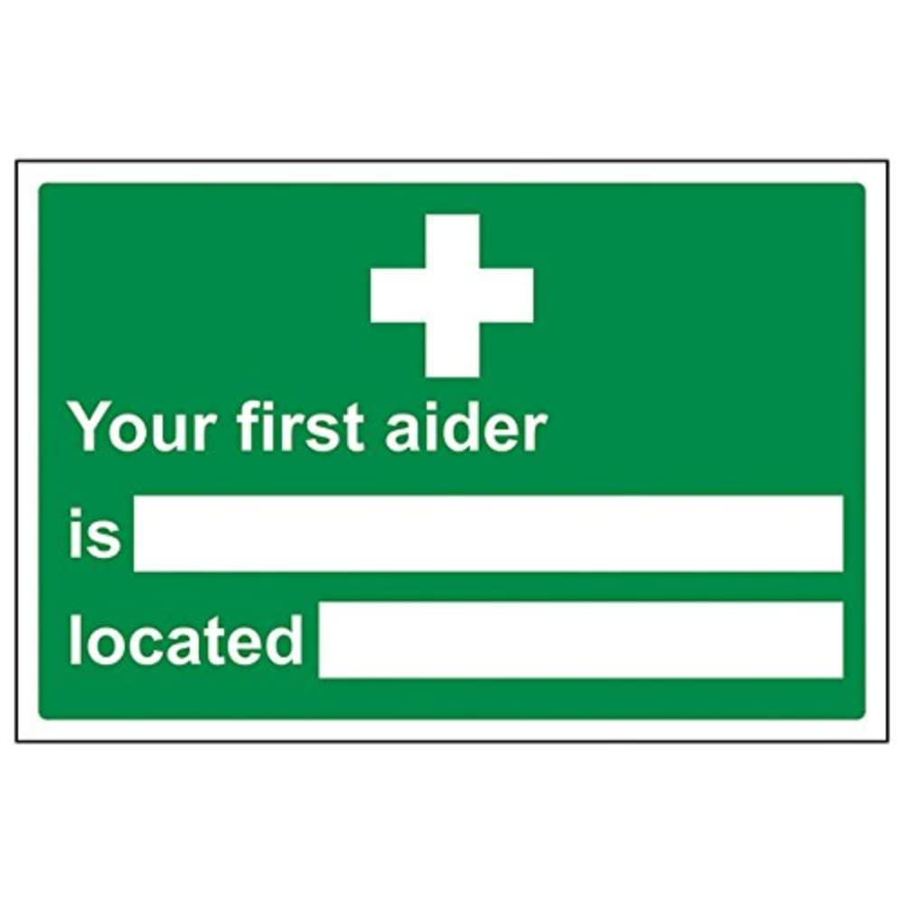V Safety First Aider/Located Sign - 300mm x 200mm - Self Adhesive Vinyl