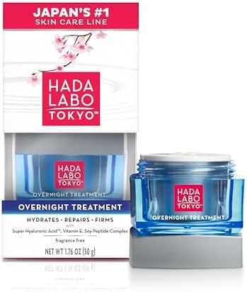 Hada Labo Tokyo Anti-Aging Overnight Treatment, Hyaluronic Acid Night Cream for Intense Hydration, Skin Renewal With Collagen, Japanese Honeysuckle, Soy Peptides, Moisturizing Face Cream, 1.76 oz