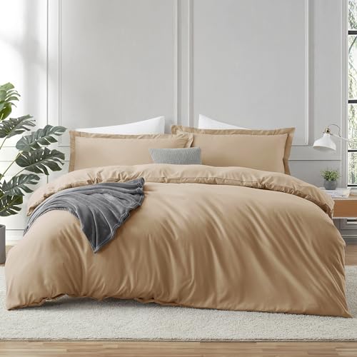 Hearth & Harbor Mocha Brown Duvet Cover Queen Size - 3 Piece Queen Duvet Cover Set, Soft Double Brushed Queen Size Duvet Covers with Button Closure, 1 Duvet Cover 90x90 inches and 2 Pillow Shams