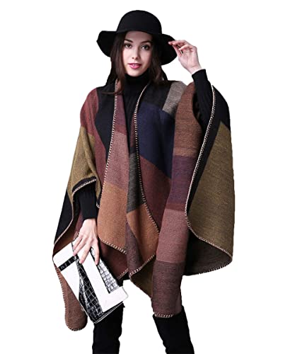 Envoltório de xale de bloco de cores feminino plus size cardigan poncho capa aberta frontal longo ca