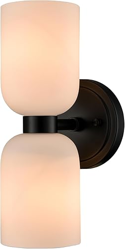 CLAXY Aplique de pared negro moderno de 2 luces de tocador de baño, pantalla de vidrio lechoso para baño, dormitorio, escalera