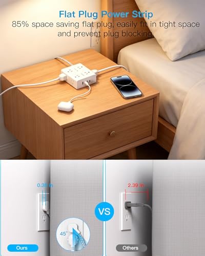 Image of 10 Ft Flat Plug Extension Cord with Multiple Outlets, Surge Protector Power Strip 10 Ft Long Cord, 8 Outlet 4 USB Ports (2 USB C), Multi Outlet Wall Plug for Office, College, Dorm Room Essentials