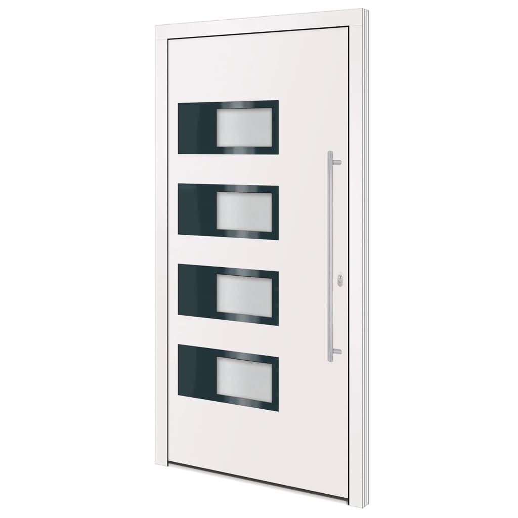 Puerta de entrada blanca de 110 x 210 cm de aluminio y PVC con 3 bisagras ajustables y cerradura de seguridad de 5 vías para mayor seguridad, duradera y resistente a la corrosión