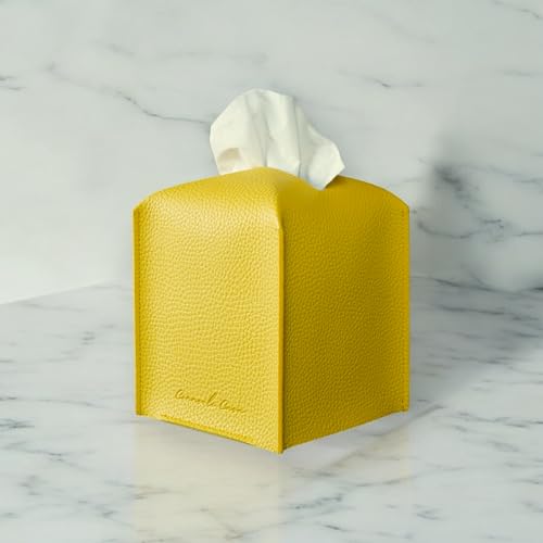 Boîte à mouchoirs en cuir jaune au design carré chic pour intérieur moderne - 6