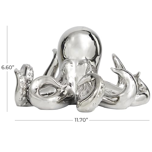 Image of Deco 79 Ceramic Octopus Decorative Sculpture Home Decor Statue with Textured Tentacles, Accent Figurine 12 inch x 11 inch x 7 inch, Silver