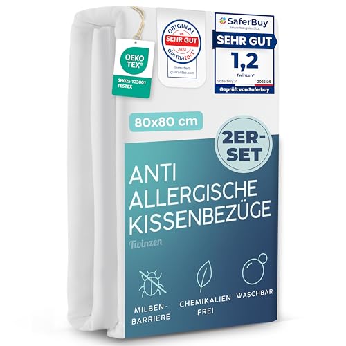 Twinzen 2er-Set Milbenbezug Kopfkissen 80x80 Bezug - Kissenschoner 80x80, Allergiker Bettwäsche mit Reißverschluss - Oeko-Tex Zertifiziert