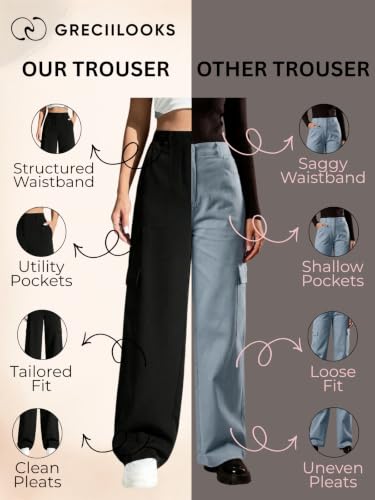 Image of GRECIILOOKS Cargo Pants For Woman | Trousers For Womans |High Waist Cotton Trouser for Women - Flared Parachute Pants with Side Pockets |Womens Cargo Pant | Elegant for College & Events (Available in Plus Size)