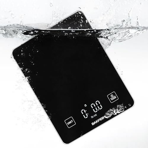 BakFee 100% Waterproof Food Scale, IP67 Digital Kitchen Scale, Rechargeable (USB-C), 1g/0.1oz Precision, 22lb Capacity, Tempered Glass, LED Display, for Baking, Cooking, Making Sourdough Bread, Black