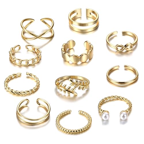 IRONBOX 12 Pcs Adjustable Knuckle Rings for Women 14K Gold Plated Stacking Rings Pack Wave Star Moon Dainty Thumb Open Rings Set