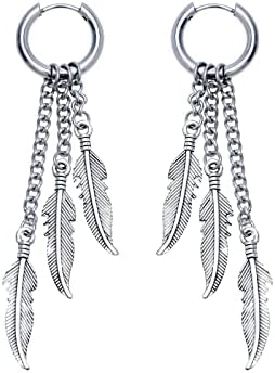 Halawly Stainless Steel Feather Chain Earrings for Men Women Sliver Gold Black Punk Long Dangle Earrings Set Lightweight Fashion Party Birthday Jewelry